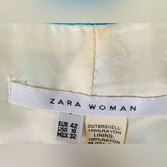 Zara Floral Short Blazer bright Orange & Blue Roses Pattern double collar US 10 - Picture 9 of 10